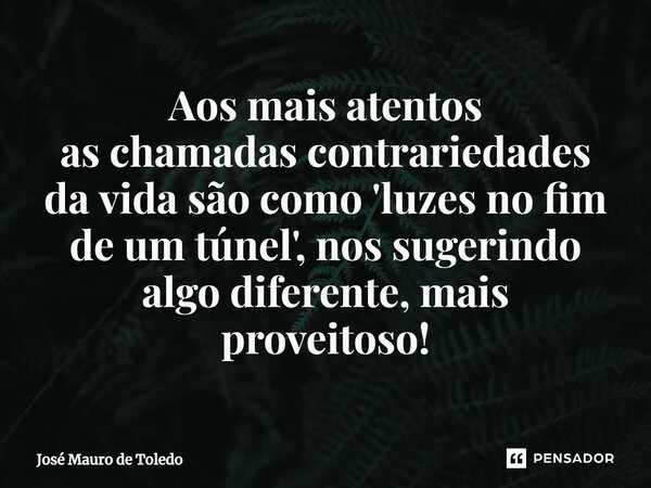 ⁠Aos mais atentos as chamadas contrariedades da vida são como 'luzes no fim de um túnel', nos sugerindo algo diferente, mais proveitoso!... Frase de José Mauro de Toledo.