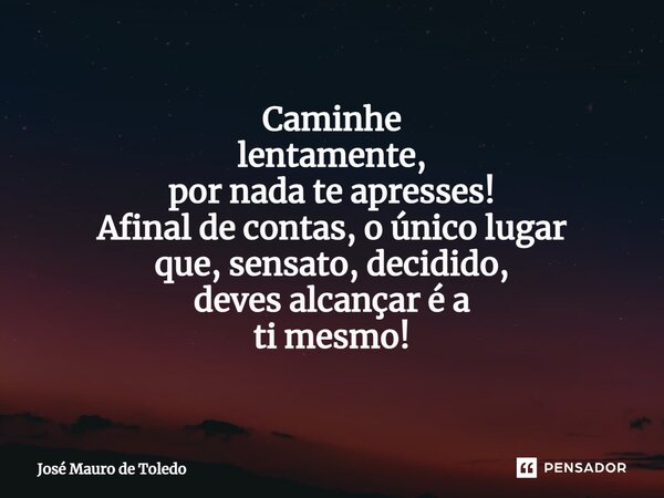 ⁠Caminhe lentamente, por nada te apresses! Afinal de contas, o único lugar que,sensato,decidido, deves alcançar é a timesmo!... Frase de José Mauro de Toledo.