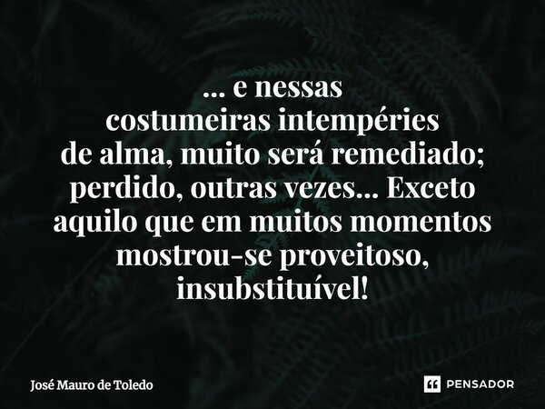 ⁠... e nessas costumeiras intempéries de alma, muito será remediado; perdido,outras vezes... Exceto aquilo que em muitos momentos mostrou-se proveitoso, insubst... Frase de José Mauro de Toledo.