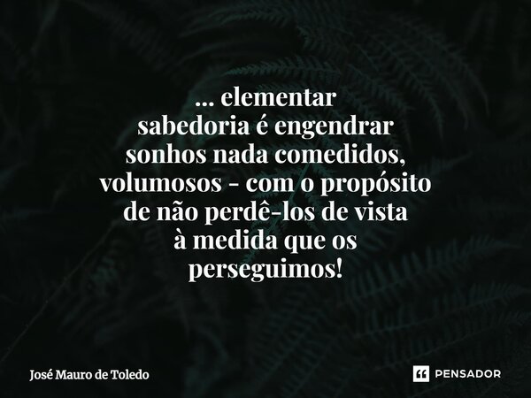 ⁠... elementar sabedoria é engendrar sonhos nada comedidos, volumosos - com o propósito de nãoperdê-losde vista à medida que os perseguimos!... Frase de José Mauro de Toledo.