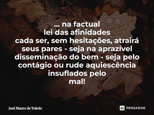 ⁠... na factual lei das afinidades cada ser, sem hesitações, atrairá seus pares - seja na aprazível disseminação do bem - seja pelo contágio ou rude aquiescênci... Frase de José Mauro de Toledo.