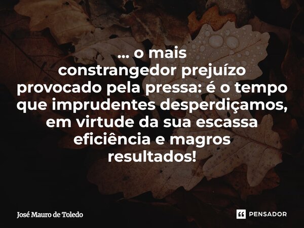 ⁠... o mais constrangedor prejuízo provocado pela pressa: é o tempo que imprudentes desperdiçamos, em virtude da sua escassa eficiênciae magros resultados!... Frase de José Mauro de Toledo.