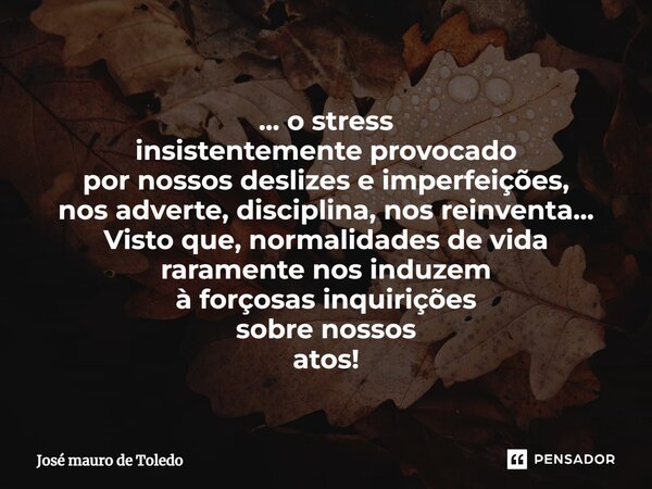 ⁠... o stress insistentemente provocado por nossos deslizes e imperfeições, nos adverte, disciplina, nos reinventa... Visto que, normalidades de vida raramente ... Frase de José Mauro de Toledo.