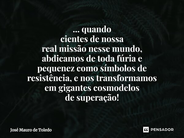 ⁠... quando cientes de nossa real missão nesse mundo, abdicamos de toda fúria e pequenez como símbolos de resistência, e nos transformamos em gigantes cosmodelo... Frase de José Mauro de Toledo.