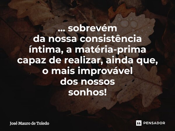 ⁠... sobrevém da nossa consistência íntima, a matéria-prima capazde realizar, ainda que, o mais improvável dos nossos sonhos!... Frase de José Mauro de Toledo.