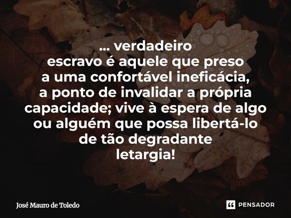 ... verdadeiro escravo é aquele que preso a uma confortável ineficácia, a ponto de invalidar a própria capacidade; vive à espera de algo ou alguém que possalib... Frase de José Mauro de Toledo.