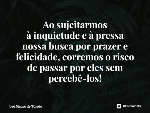 ⁠Ao sujeitarmos à inquietude e à pressa nossa busca por prazer e felicidade, corremos o risco de passar por eles sem percebê-los!... Frase de José Mauro de Toledo.