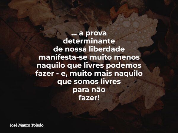... a prova determinante de nossa liberdade manifesta-se muito menos naquilo que livres podemos fazer - e, muito mais naquilo que somos livres para não fazer!... Frase de José Mauro Toledo.