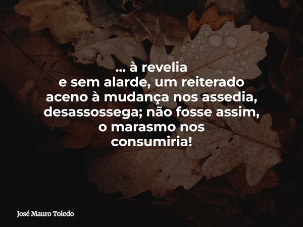 ... à revelia e sem alarde, um reiterado aceno à mudança nos assedia, desassossega; não fosse assim, o marasmo nos consumiria!... Frase de José Mauro Toledo.
