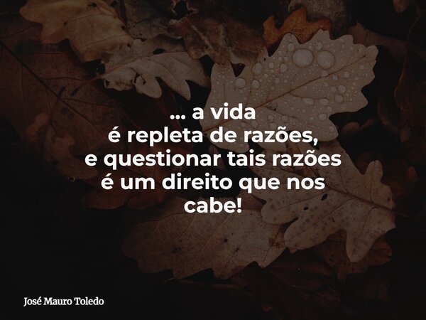 ... a vida é repleta de razões, e questionar tais razões é um direito que nos cabe!... Frase de José Mauro Toledo.