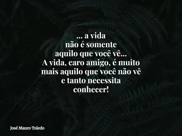 ... a vida não é somente aquilo que você vê... A vida, caro amigo, é muito mais aquilo que você não vê e tanto necessita conhecer!... Frase de José Mauro Toledo.