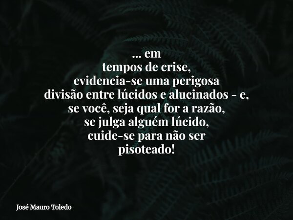 ... em tempos de crise, evidencia-se uma perigosa divisão entre lúcidos e alucinados - e, se você, seja qual for a razão, sejulga alguém lúcido, cuide-se para n... Frase de José Mauro Toledo.