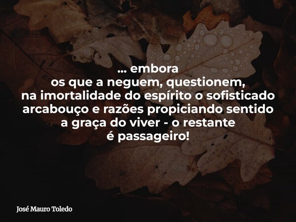 ... embora os que a neguem, questionem, na imortalidade do espírito o sofisticado arcabouço e razões propiciando sentido a graça do viver -o restante épassageir... Frase de José Mauro Toledo.