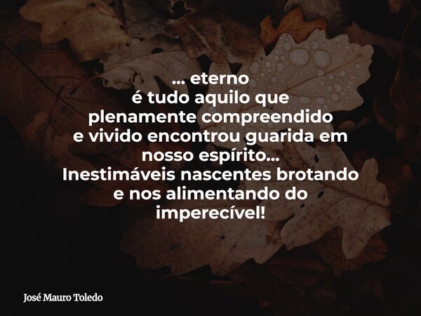 ... eterno é tudo aquilo que plenamente compreendido e vivido encontrou guarida em nosso espírito... Inestimáveis nascentes brotando e nos alimentando do impere... Frase de José Mauro Toledo.