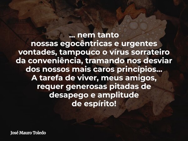 ... nem tanto nossas egocêntricas e urgentes vontades, tampouco o vírus sorrateiro da conveniência, tramando nos desviar dos nossos mais caros princípios... A t... Frase de José Mauro Toledo.