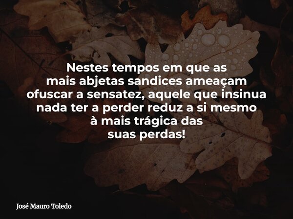 Nestes tempos em que as mais abjetas sandices ameaçam ofuscar a sensatez, aquele que insinua nada ter a perder reduz a si mesmo à mais trágica das suas perdas!... Frase de José Mauro Toledo.
