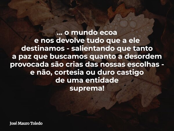 ... o mundo ecoa e nos devolve tudo que a ele destinamos - salientando que tanto a paz que buscamos quanto a desordem provocada são crias das nossas escolhas - ... Frase de José Mauro Toledo.
