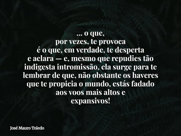 ... o que, por vezes, te provoca é o que,em verdade, te desperta e aclara —e,mesmo que repudies tão indigestaintromissão, ela surge para te lembrar de que, nãoo... Frase de José Mauro Toledo.