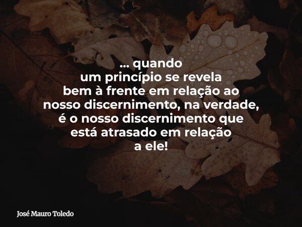... quando um princípio se revela bem à frente em relação ao nosso discernimento, na verdade, é o nosso discernimento que está atrasado em relação a ele!... Frase de José Mauro Toledo.