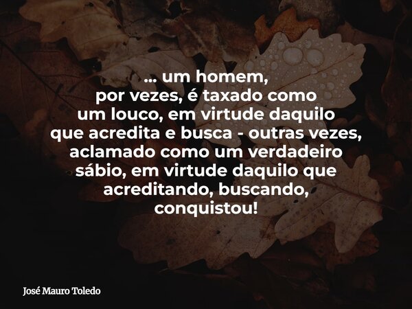 ... um homem, por vezes, é taxado como um louco, em virtude daquilo que acredita e busca - outras vezes, aclamado como um verdadeiro sábio,em virtude daquilo qu... Frase de José Mauro Toledo.