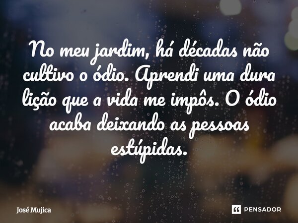 No meu jardim, há décadas não cultivo o ódio. Aprendi uma dura lição que a vida me impôs. O ódio acaba deixando as pessoas estúpidas.... Frase de José Mujica.