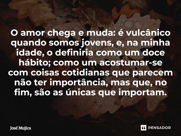 O amor chega e muda: é vulcânico quando somos jovens, e, na minha idade, o definiria como um doce hábito; como um acostumar-se com coisas cotidianas que parece... Frase de José Mujica.