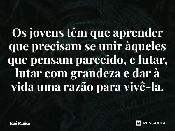 Os jovens têm que aprender que precisam se unir àqueles que pensam parecido, e lutar, lutar com grandeza e dar à vida uma razão para vivê-la.... Frase de José Mujica.