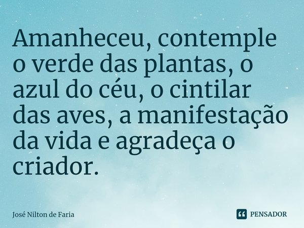 ⁠Amanheceu, contemple o verde das plantas, o azul do céu, o cintilar das aves, a manifestação da vida e agradeça o criador.... Frase de José Nilton de Faria.