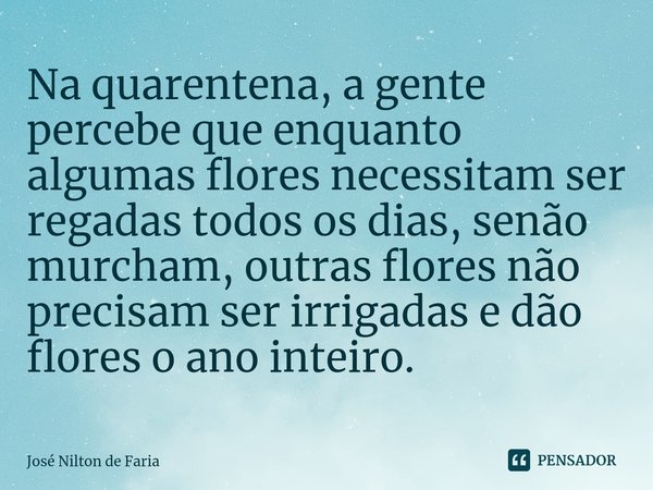 ⁠Na quarentena, a gente percebe que enquanto algumas flores necessitam ser regadas todos os dias, senão murcham, outras flores não precisam ser irrigadas e dão ... Frase de José Nilton de Faria.