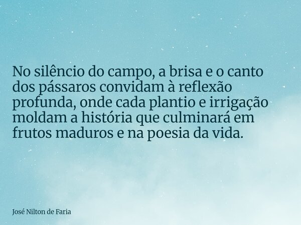 No silêncio do campo, a brisa e o canto dos pássaros convidam à reflexão profunda, onde cada plantio e irrigação moldam a história que culminará em frutos madur... Frase de José Nilton de Faria.