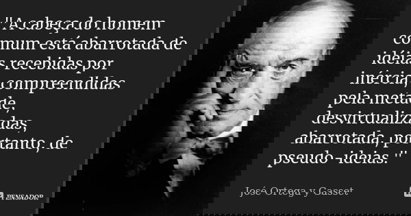 "A cabeça do homem comum está abarrotada de idéias recebidas por inércia, compreendidas pela metade, desvirtualizadas, abarrotada, portanto, de pseudo-idei... Frase de José Ortega y Gasset.