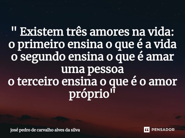 ⁠" Existem três amores na vida: o primeiro ensina o que é a vida o segundo ensina o que é amar uma pessoa o terceiro ensina o que é o amor próprio"... Frase de josé pedro de carvalho alves da silva.
