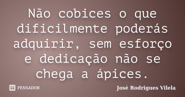 Não cobices o que dificilmente poderás adquirir, sem esforço e dedicação não se chega a ápices.... Frase de José Rodrigues Vilela.