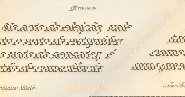 No acto da eleição, vale tanto o voto da estupidez como o voto da sensatez, é uma questão de consciência.... Frase de José Rodrigues Vilela.