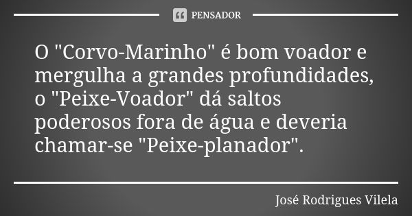 O "Corvo-Marinho" é bom voador e mergulha a grandes profundidades, o "Peixe-Voador" dá saltos poderosos fora de água e deveria chamar-se &qu... Frase de José Rodrigues Vilela.