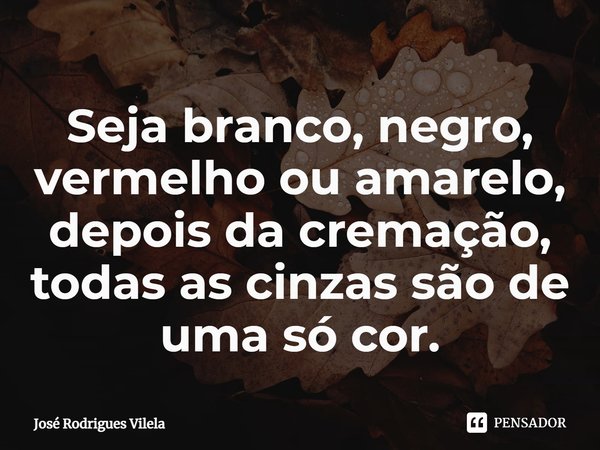 ⁠Seja branco, negro, vermelho ou amarelo, depois da cremação, todas as cinzas são de uma só cor.... Frase de José Rodrigues Vilela.