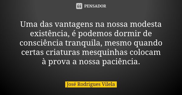 Uma das vantagens na nossa modesta existência, é podemos dormir de consciência tranquila, mesmo quando certas criaturas mesquinhas colocam à prova a nossa paciê... Frase de José Rodrigues Vilela.