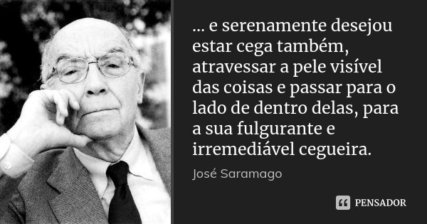 ... e serenamente desejou estar cega também, atravessar a pele visível das coisas e passar para o lado de dentro delas, para a sua fulgurante e irremediável ceg... Frase de José Saramago.
