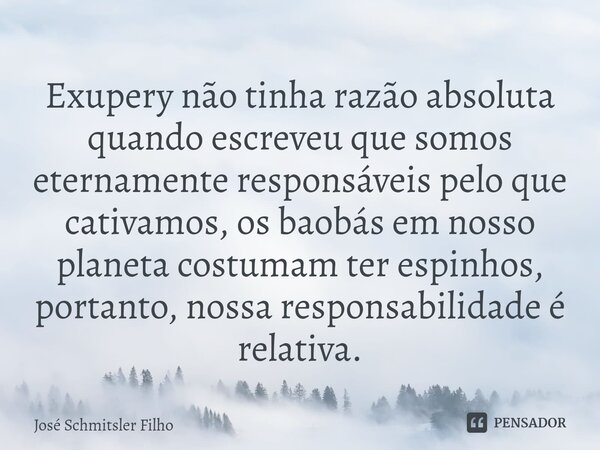 ⁠Exupery não tinha razão absoluta quando escreveu que somos eternamente responsáveis pelo que cativamos, os baobás em nosso planeta costumam ter espinhos, porta... Frase de José Schmitsler Filho.