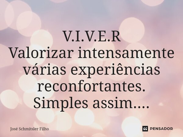 ⁠V.I.V.E.R Valorizar intensamente várias experiências reconfortantes. Simples assim....... Frase de José Schmitsler Filho.