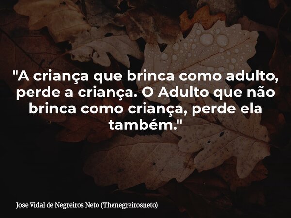"A criança que brinca como adulto, perde a criança. O Adulto que não brinca como criança, perde ela também."... Frase de Jose Vidal de Negreiros Neto (Thenegreirosneto).