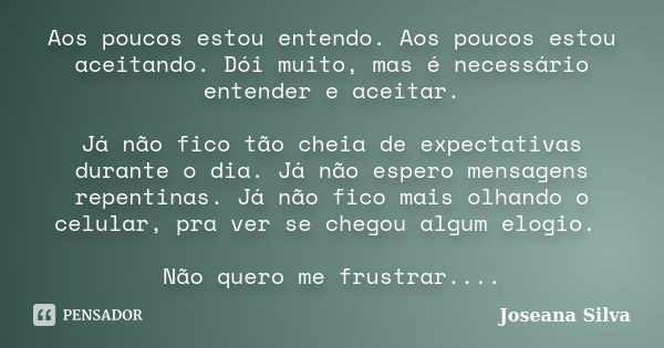 Aos poucos estou entendo. Aos poucos estou aceitando. Dói muito, mas é necessário entender e aceitar. Já não fico tão cheia de expectativas durante o dia. Já nã... Frase de Joseana Silva.