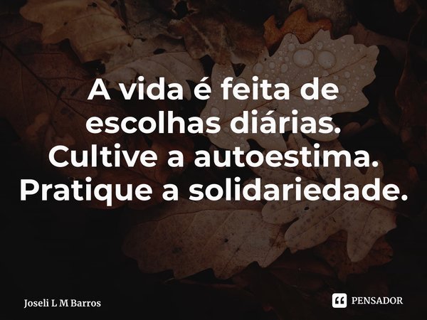 ⁠ A vida é feita de escolhas diárias. Cultive a autoestima. Pratique a solidariedade.... Frase de Joseli L M Barros.