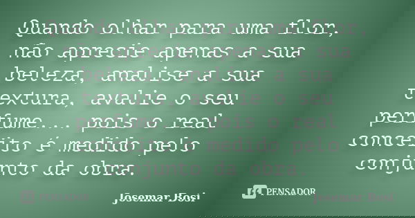 Quando olhar para uma flor, não aprecie apenas a sua beleza, analise a sua textura, avalie o seu perfume... pois o real conceito é medido pelo conjunto da obra.... Frase de Josemar Bosi.
