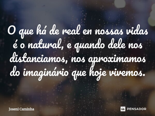 ⁠O que há de real en nossas vidas é o natural, e quando dele nos distanciamos, nos aproximamos do imaginário que hoje vivemos.... Frase de Joseni Caminha.