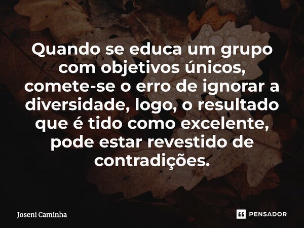 ⁠Quando se educa um grupo com objetivos únicos, comete-se o erro de ignorar a diversidade, logo, o resultado que é tido como excelente, pode estar revestido de ... Frase de Joseni Caminha.