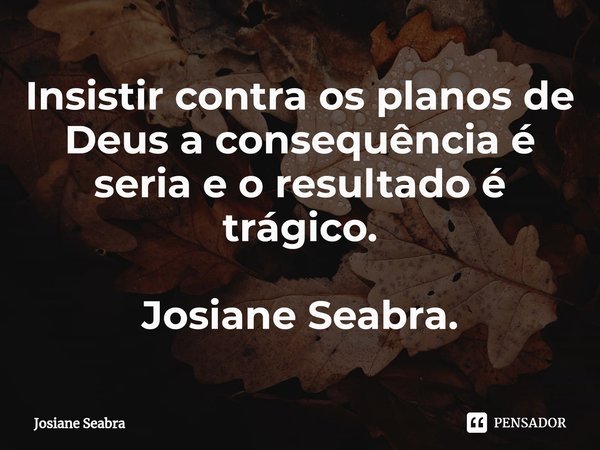 ⁠Insistir contra os planos de Deus a consequência é seria e o resultado é trágico. Josiane Seabra.... Frase de Josiane Seabra.