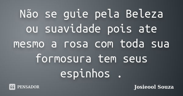 Não se guie pela Beleza ou suavidade pois ate mesmo a rosa com toda sua formosura tem seus espinhos .... Frase de Josieool Souza.