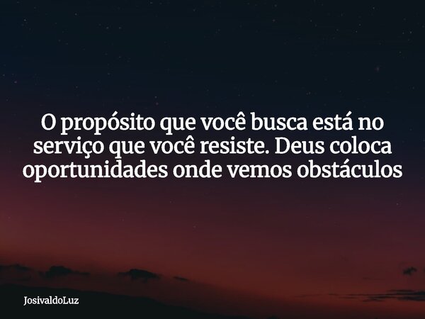 O propósito que você busca está no serviço que você resiste. Deus coloca oportunidades onde vemos obstáculos... Frase de JosivaldoLuz.