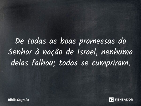 De todas as boas promessas do Senhor à nação de Israel, nenhuma delas falhou; todas se cumpriram.... Frase de Bíblia Sagrada.